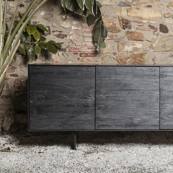 Contemporary Solid Blackened Teak Wood and Iron Sideboard