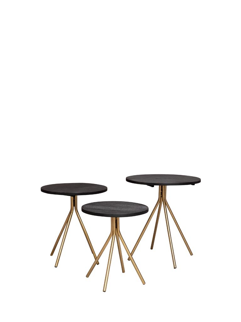 3 Set Black and Brass Mango Wood and Iron Side Tables / Coffee Tables by Oliveira Algarve