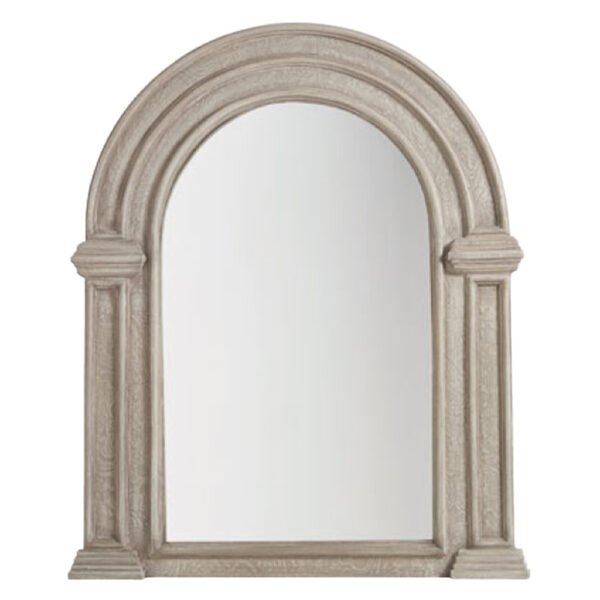 A beautifully elegant arched mirror featuring intricate carved detailing and subtle washed grey patina finish-Decorative Items-Mirrors-Available at Oliveira in Tavira