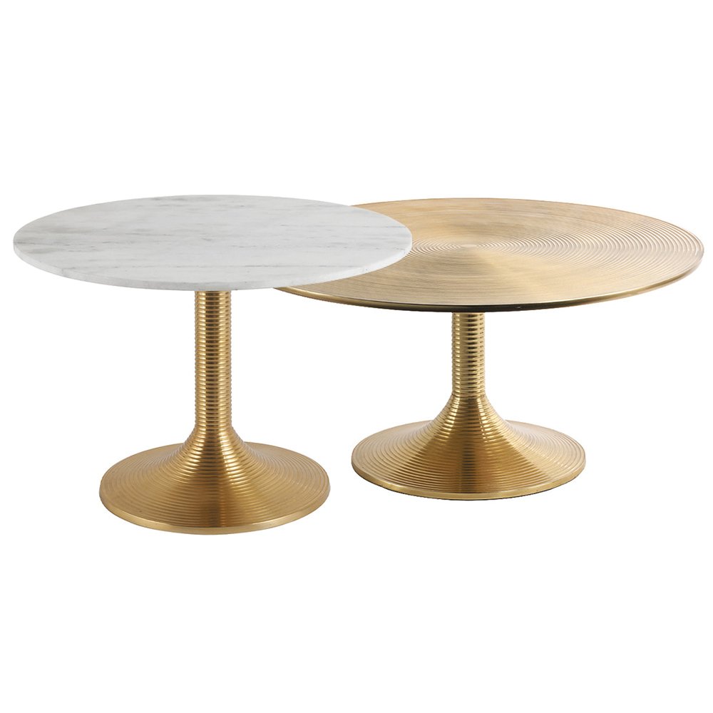 Set of two stunning coffee tables in a Morrocan style. One table features sculptured line brass effect base and marble top