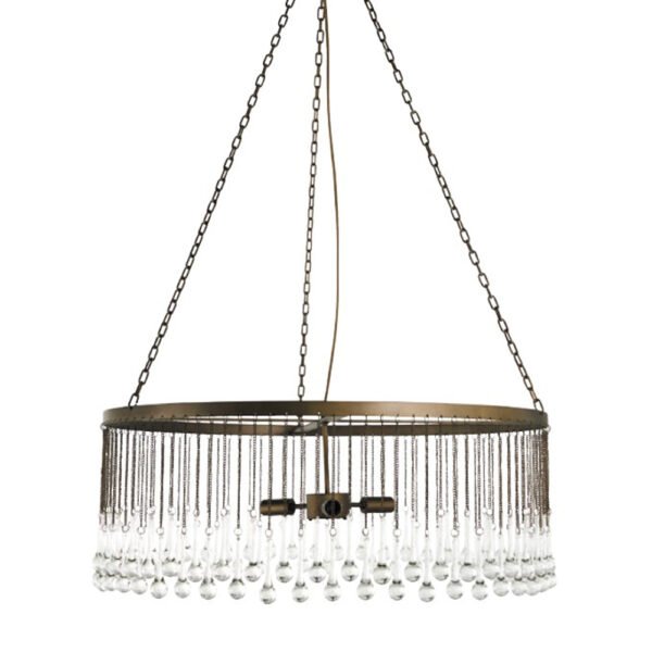 A simply stunning large round chandelier featuring aged brass effect patina frame and chain