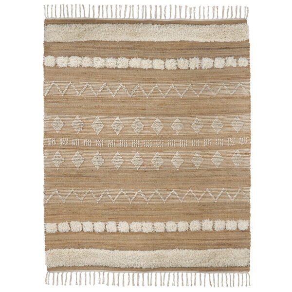 Wonderfully natural feel rug featuring a geonetric design with raised tufted wool and crafted from 50% jute