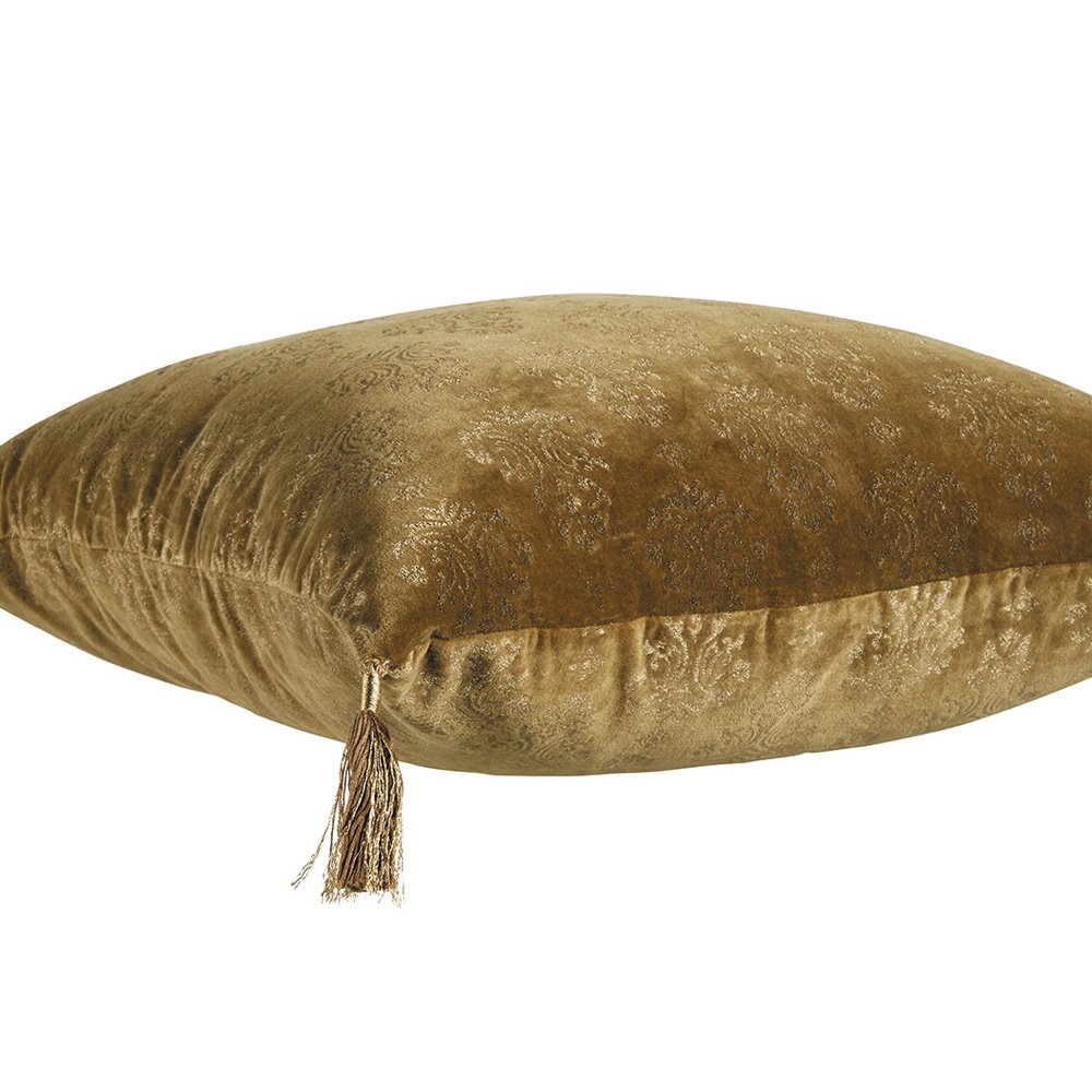 elegant cushion featuring a bronze cotton velvet cover with gold relief design and corner tassles. Includes filling-Soft Furnishings-Cushions-Available at Oliveira in Tavira