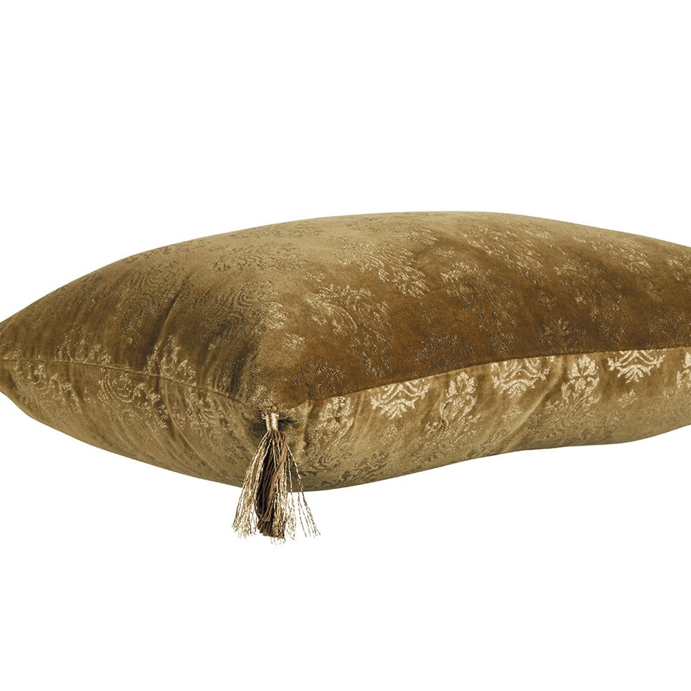 elegant cushion featuring a bronze cotton velvet cover with gold relief design and corner tassles. Includes filling-Soft Furnishings-Cushions-Available at Oliveira in Tavira