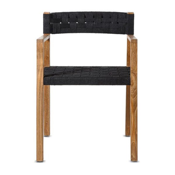 A relaxed Carver styled dining chair with arms made from solid reclaimed Teak wood and featuring a black natural rope lattice back support and seat. These chairs are hand crafted to the highest quality. They look superb and are built for comfort and to last for many years.