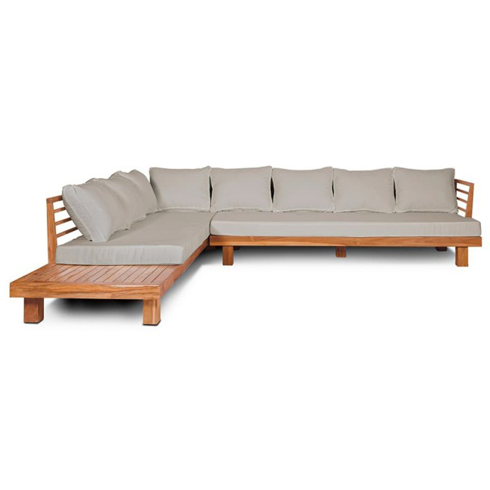Stunning Outdoor Sofa Crafted from Natural Reclaimed Teak Wood with Beige Outdoor Cushions available to purchase at Oliveira Tavira Today in Portugal's Algarve
