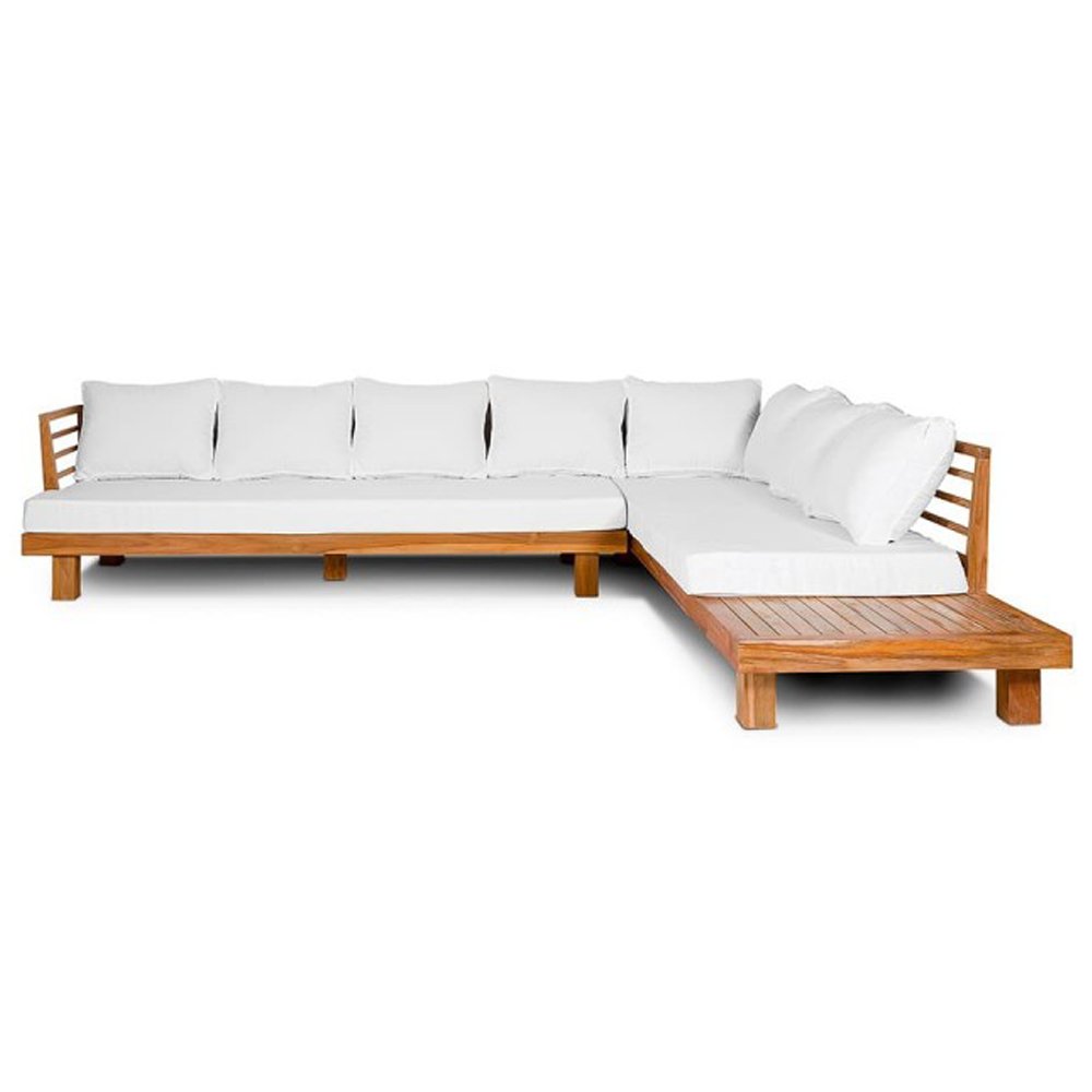 Stunning Outdoor Sofa Crafted from Natural Reclaimed Teak Wood with White Outdoor Cushions, available at Oliveira in Tavira, Portugal's Algarve