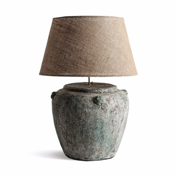 A stunning large ethnic style table lamp featuring distressed green patina and natural lampshade. - Lighting - Table Lamps - Floor Lamps