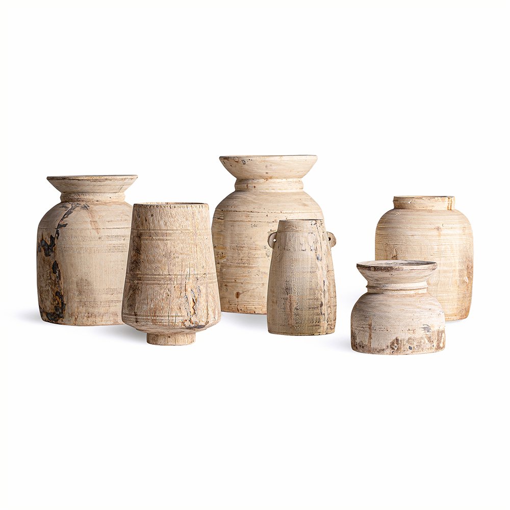 Collection of small suar wood vases featuring a distressed vintage patina. - Decorative Items - Vases - Plant Pots