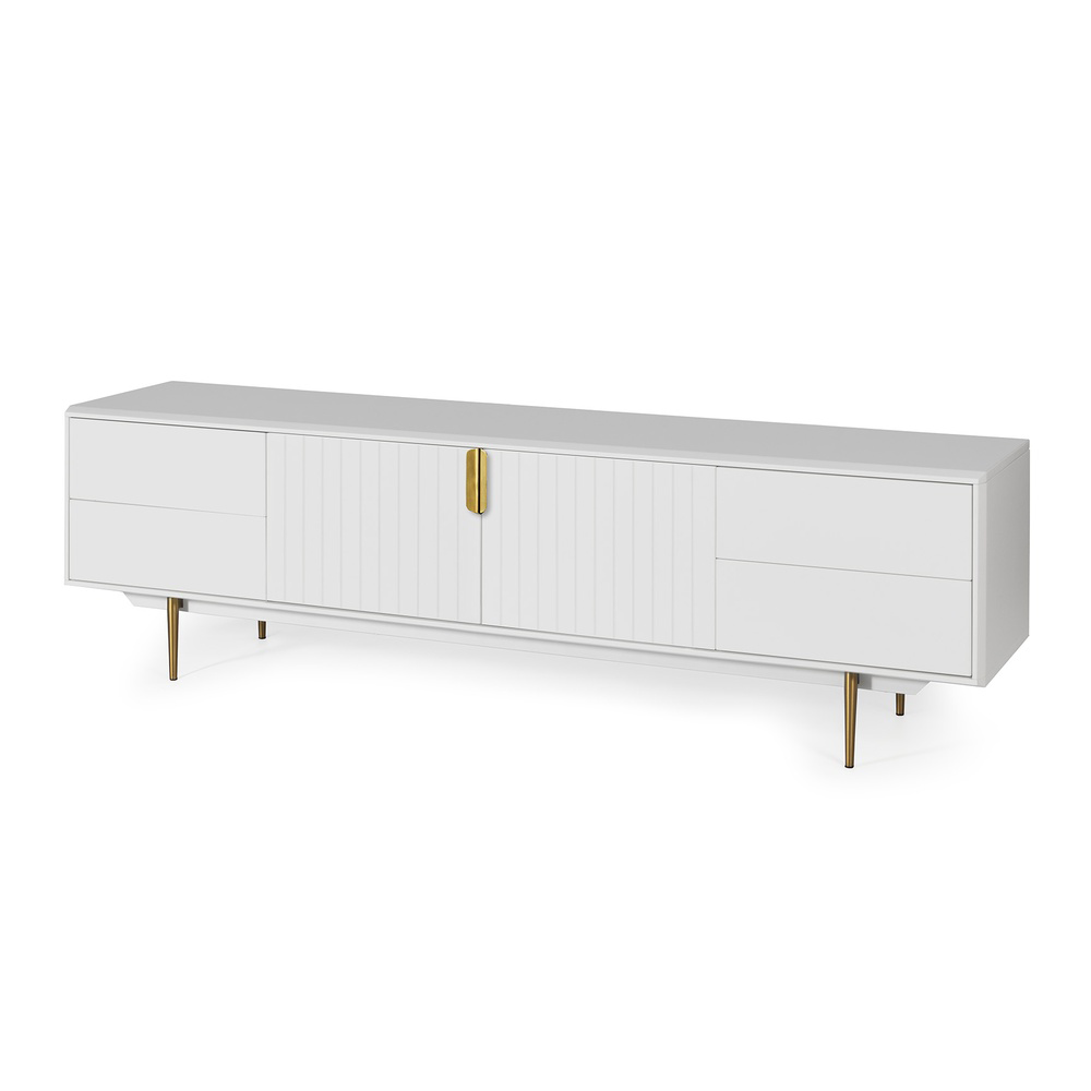 SATINATED TV UNIT LACQUERED IN WHITE COLOUR FEATURING GOLD DETAILS-Furniture Outlet-