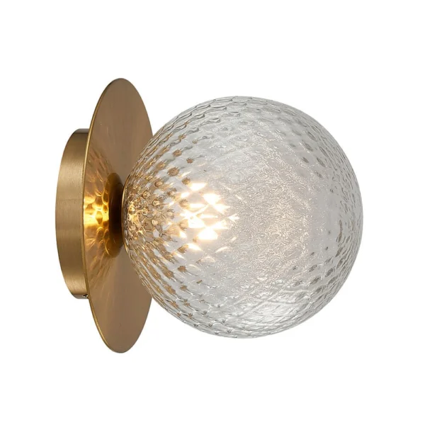 Charming wall light featuring a delicate round metal leaf and textured glass sphere-Lighting Outlet-