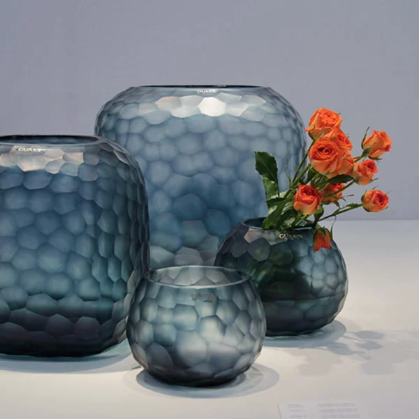 Mouth-blown, Hand Carved Ocean Blue Large Glass Vase - Available in Four Sizes - Image 4