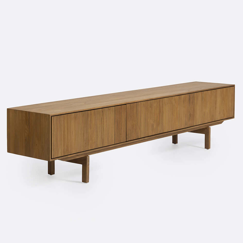 Stunning Solid Teak Wood TV Cabinet with Carved Parallel Line Detailing Furniture Decor Algarve Oliveira Tavira Shop