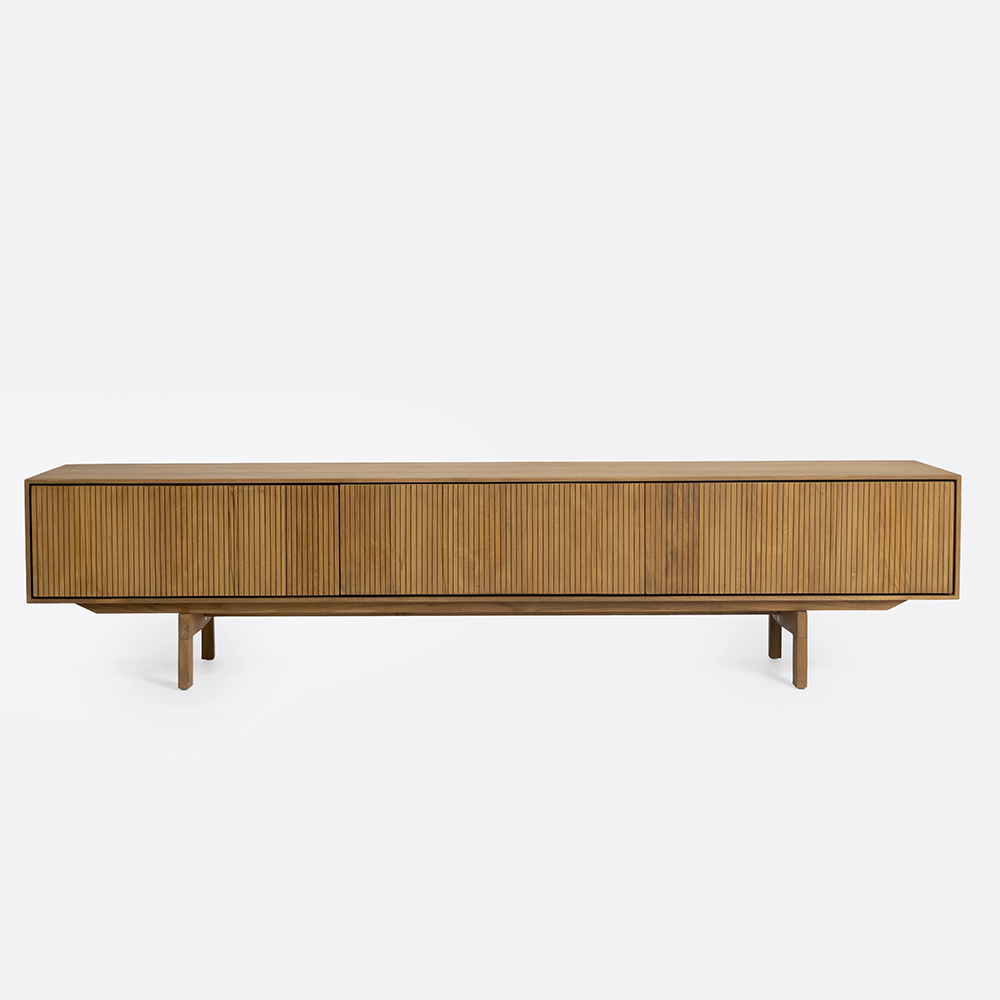 Stunning Solid Teak Wood TV Cabinet with Carved Parallel Line Detailing Furniture Decor Algarve Oliveira Tavira Shop