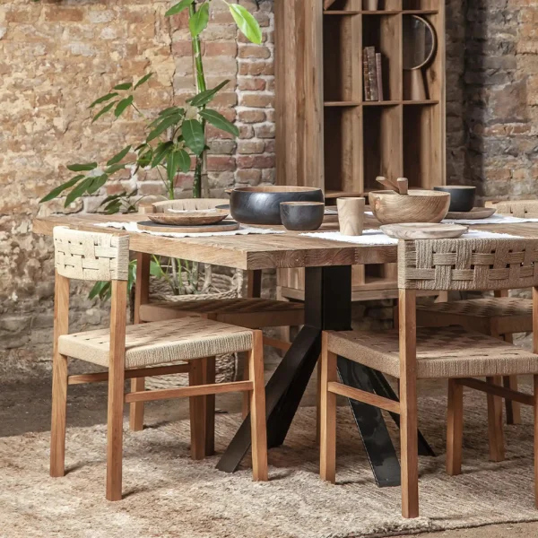 Rustic Solid Natural Teak Wood Dining Table with Contemporary Black Base - Image 5
