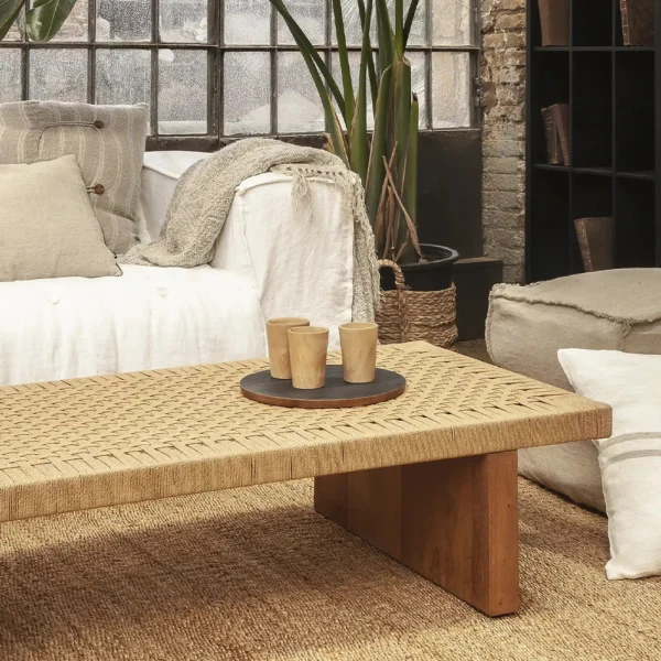 Solid Natural Teak Wood Coffee Table with Woven Cord Top – Image 6