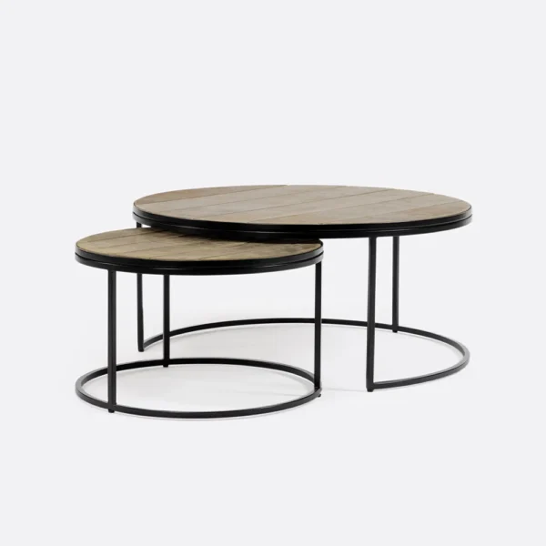 Aged Leather and Black Metal Nesting Coffee Tables