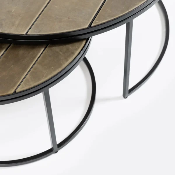 Aged Leather and Black Metal Nesting Coffee Tables – Image 3