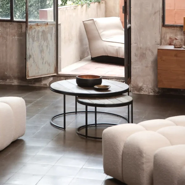 Aged Leather and Black Metal Nesting Coffee Tables – Image 7