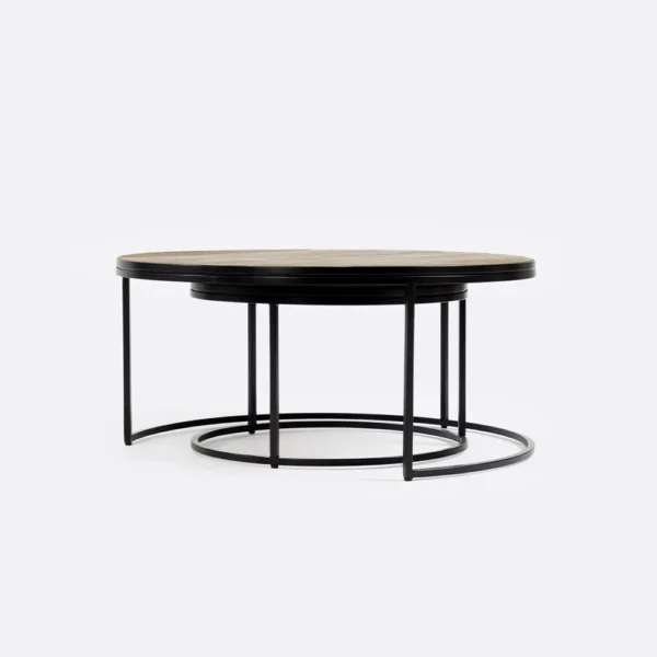 Aged Leather and Black Metal Nesting Coffee Tables – Image 2