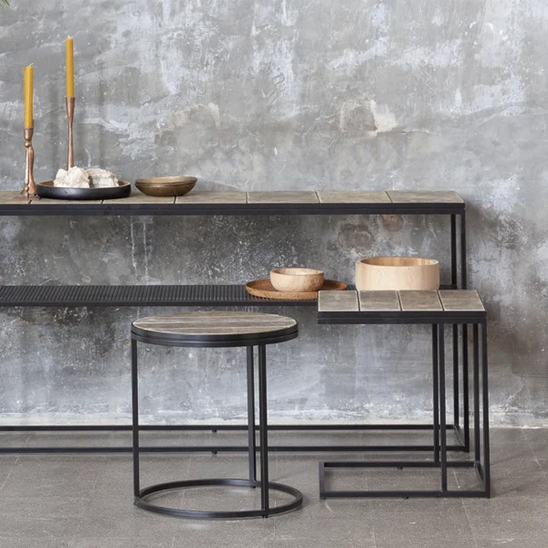 Aged Leather and Black Metal Nesting Side Table - Available in Round or Rectangular – Image 5