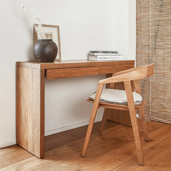 Minimalist Design Solid Natural Teak Wood Desk with Two Drawers - Image 6