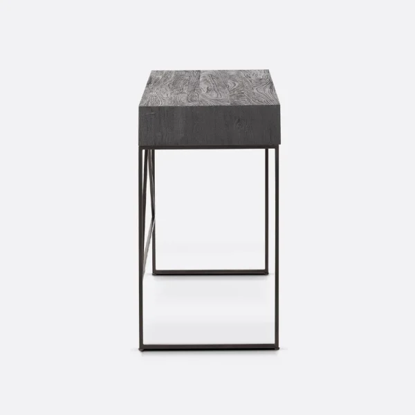 Solid Natural and Black Teak Wood Desk with Black Iron Base and Drawer - Image 5
