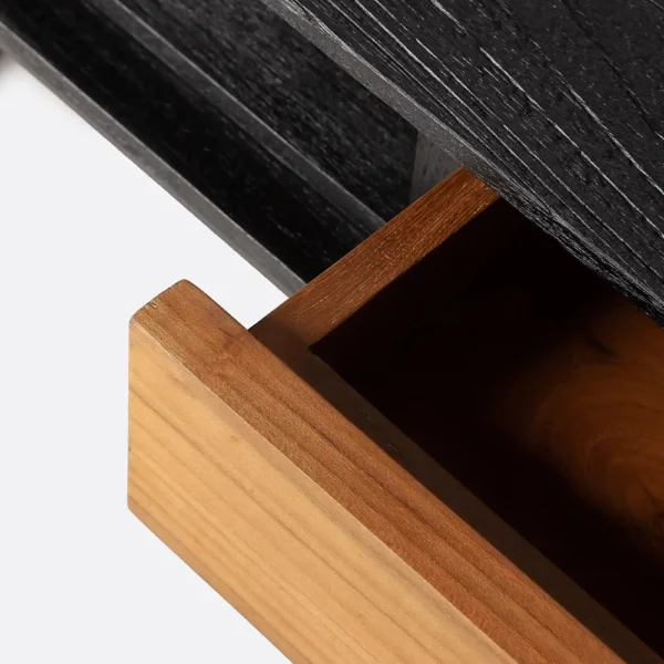 Solid Natural and Black Teak Wood Desk with Black Iron Base and Drawer - Image 4