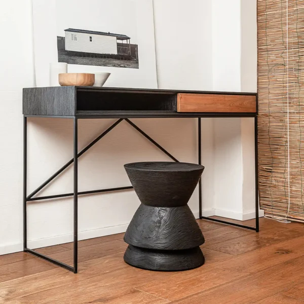 Solid Natural and Black Teak Wood Desk with Black Iron Base and Drawer - Image 7