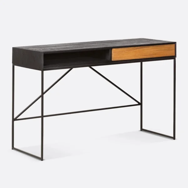 Solid Natural and Black Teak Wood Desk with Black Iron Base and Drawer - Image 3
