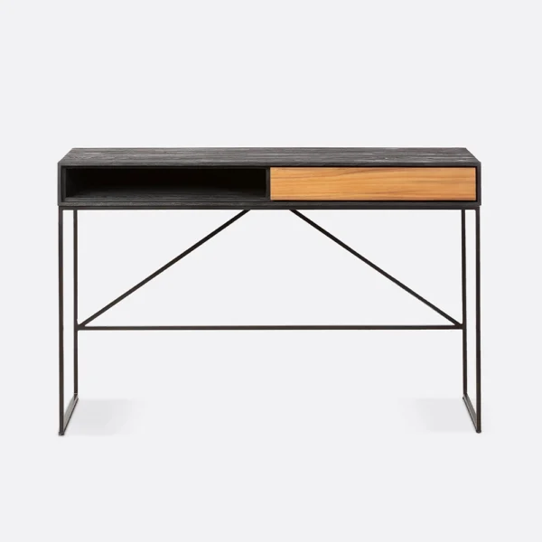 Solid Natural and Black Teak Wood Desk with Black Iron Base and Drawer