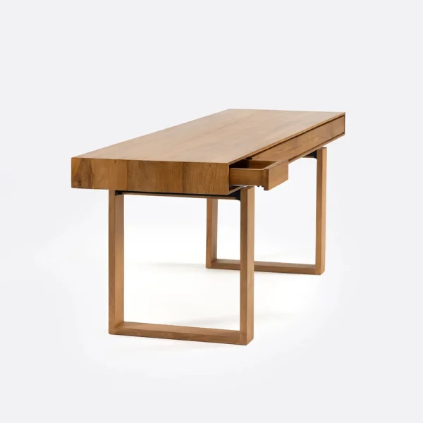 Geometrically Styled Solid Natural Teak Wood Desk with Four Drawers - Image 3