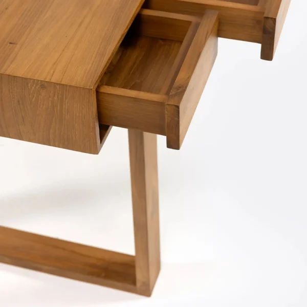 Geometrically Styled Solid Natural Teak Wood Desk with Four Drawers - Image 5
