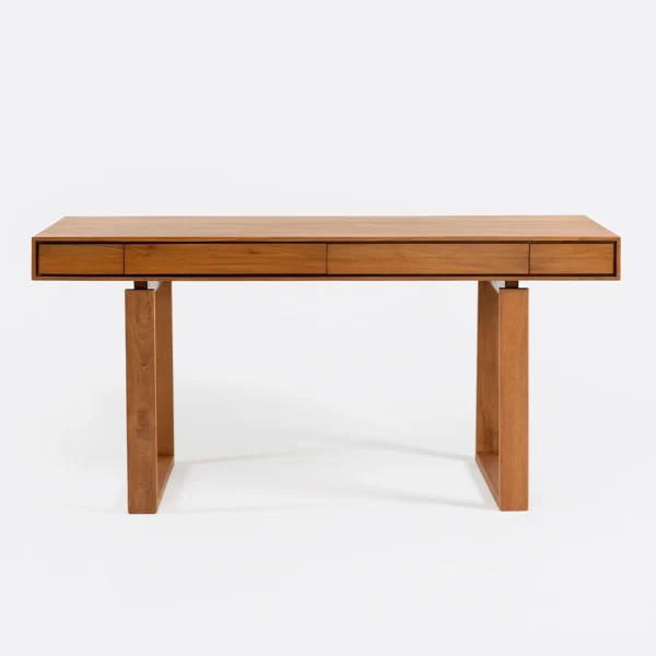 Geometrically Styled Solid Natural Teak Wood Desk with Four Drawers