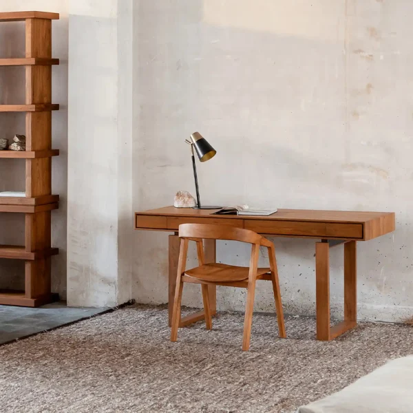 Geometrically Styled Solid Natural Teak Wood Desk with Four Drawers - Image 6