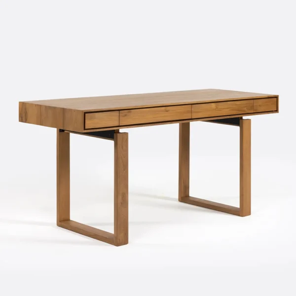 Geometrically Styled Solid Natural Teak Wood Desk with Four Drawers - Image 2