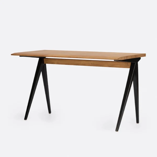 Solid Natural Teak Wood Desk with Black Iron Contemporary Base - Image 5