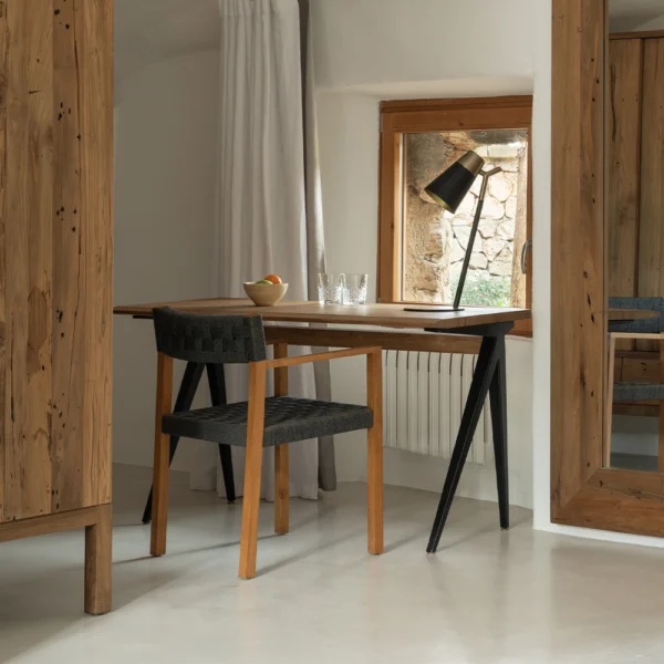 Solid Natural Teak Wood Desk with Black Iron Contemporary Base - Image 8