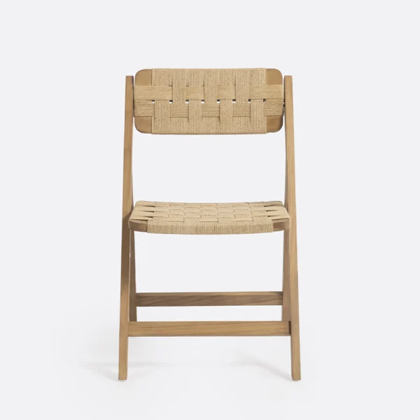 Foldable Solid Natural Teak Wood Dining Chair with Woven Cord Seat and Back