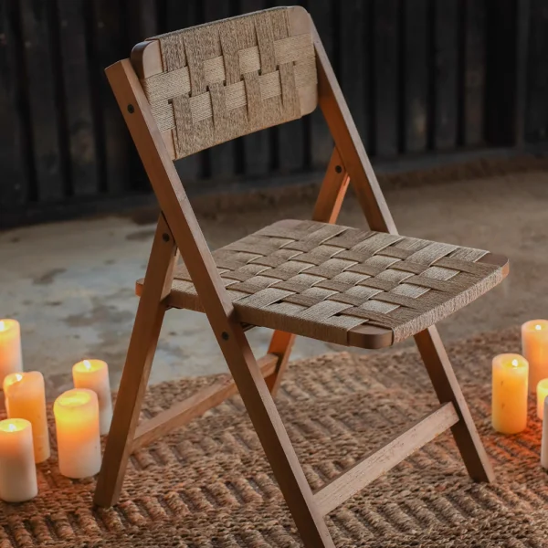 Foldable Solid Natural Teak Wood Dining Chair with Woven Cord Seat and Back – Image 8