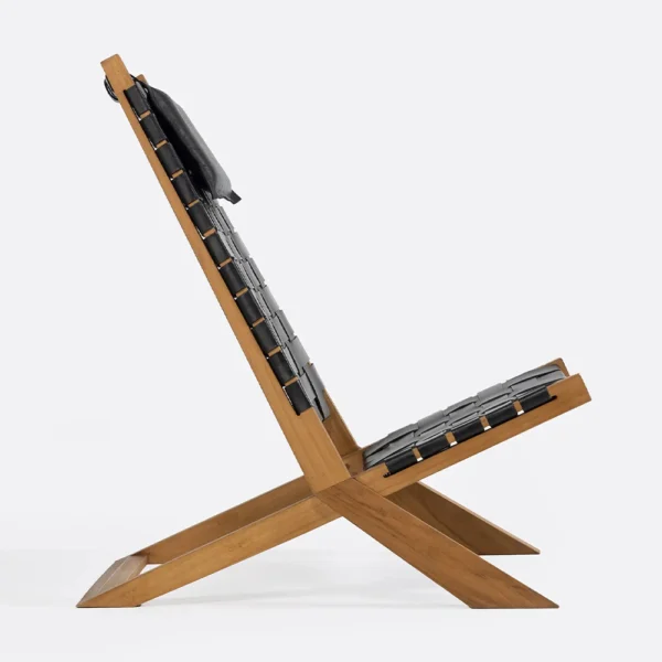 Solid Natural Teak Wood and Natural Leather Lounge Reading Chair - Image 2