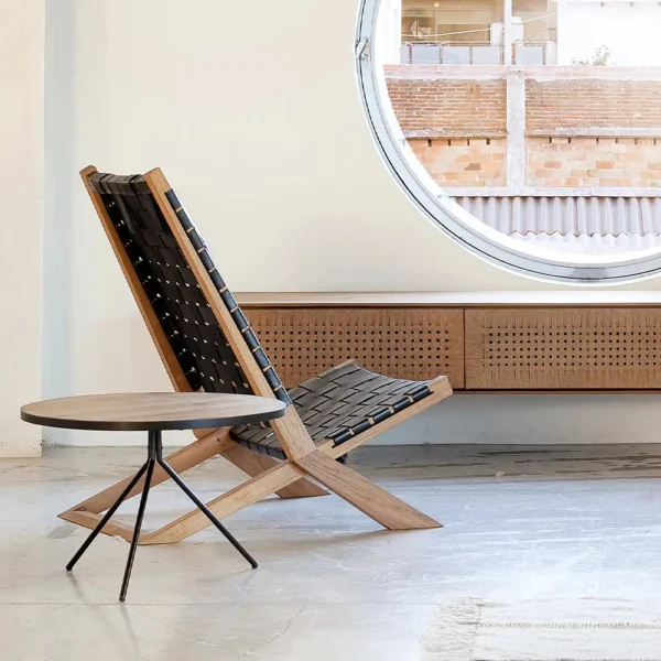 Solid Natural Teak Wood and Natural Leather Lounge Reading Chair - Image 8