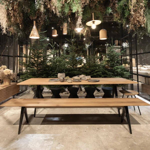 Stunning Solid Natural Teak Wood Bench with Contemporary Black Iron Base – Image 5