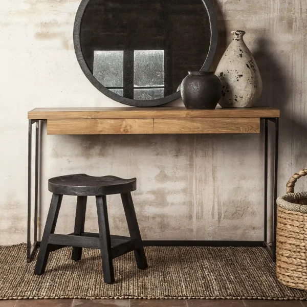 Solid Teak Wood Sculpted Stool - Available in Natural or Brushed Black Teak Wood - Image 6