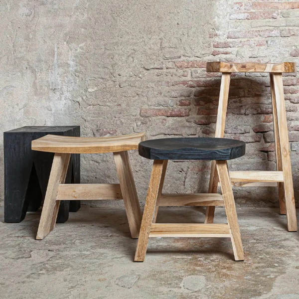Sculpted Solid Teak Wood Stool - Available in Natural and Brushed Black Teak Wood - Image 3