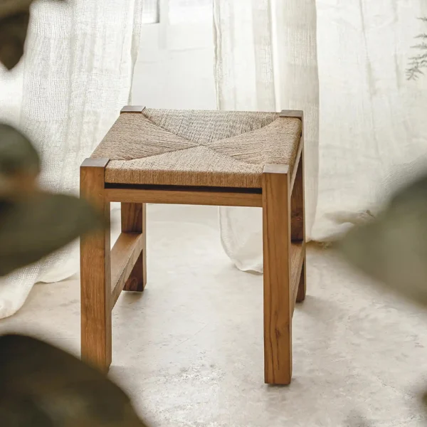 Solid Natural Teak Wood Stool with Woven Cord Seat - Available in Three Sizes - Image 2