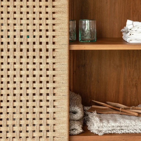 Solid Natural Teak Wood Cupboard with Natural Cord Detail - Image 5
