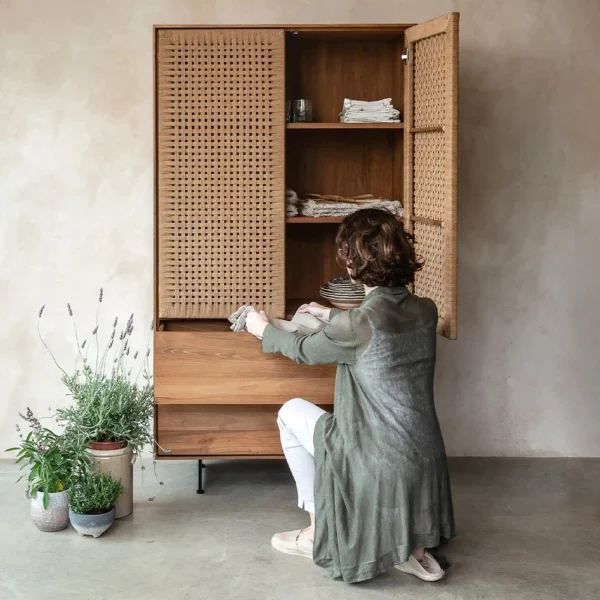 Solid Natural Teak Wood Cupboard with Natural Cord Detail - Image 6