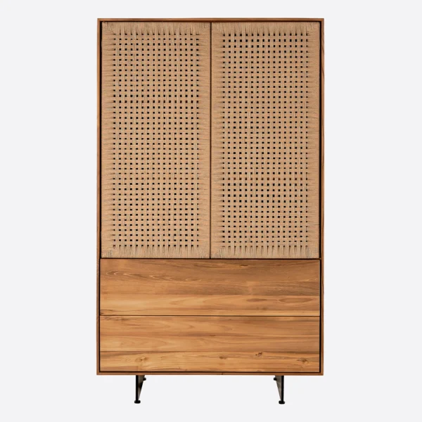 Solid Natural Teak Wood Cupboard with Natural Cord Detail