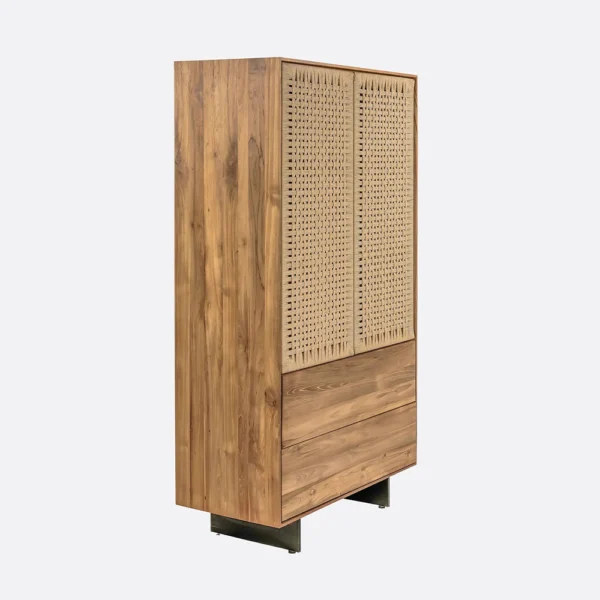 Solid Natural Teak Wood Cupboard with Natural Cord Detail - Image 2
